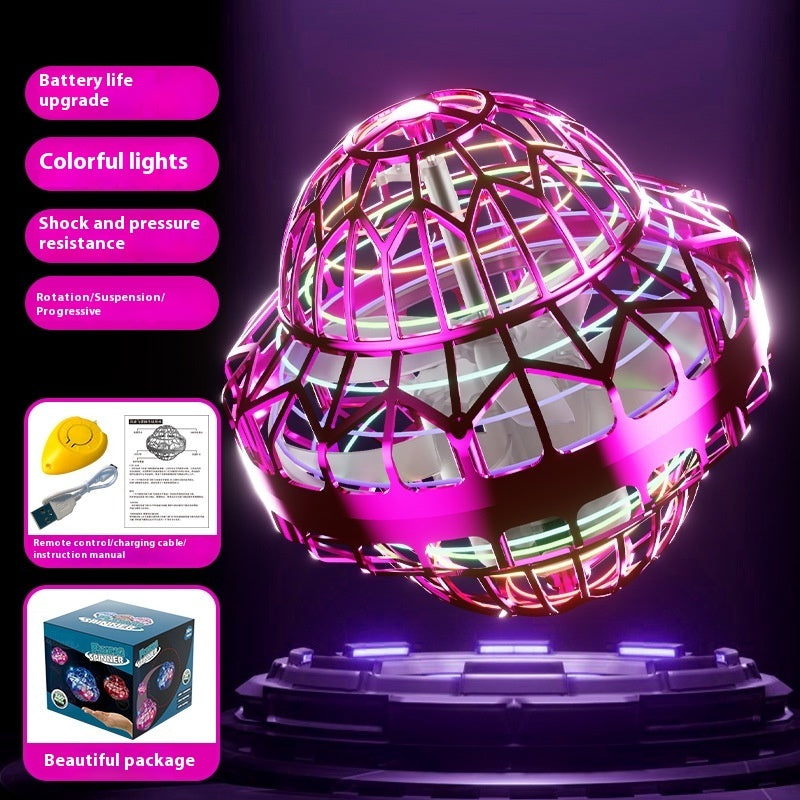 Colorful LED ball with features listed on a dark background