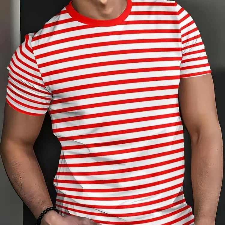 A man wearing a short-sleeve crewneck t-shirt with horizontal red and white stripes, shown from the neck down against a dark background.