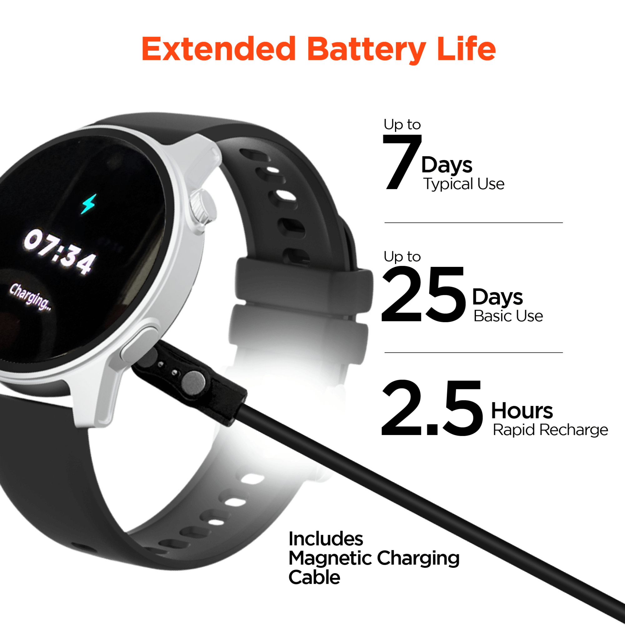 Smartwatch with black band and charging cable, displaying battery life information on a white background.