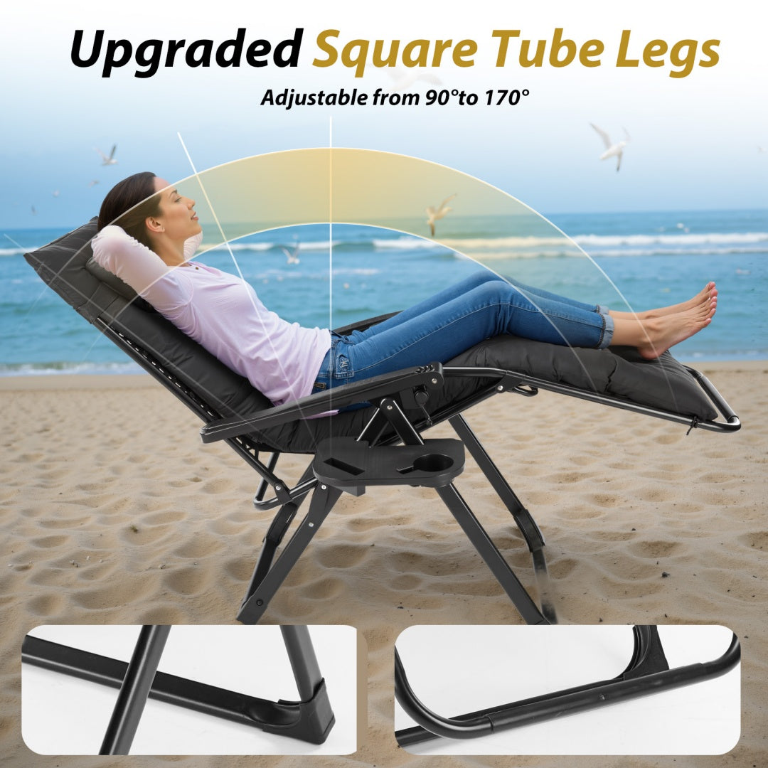 Person relaxing on a lounge chair with square tube legs on a beach.