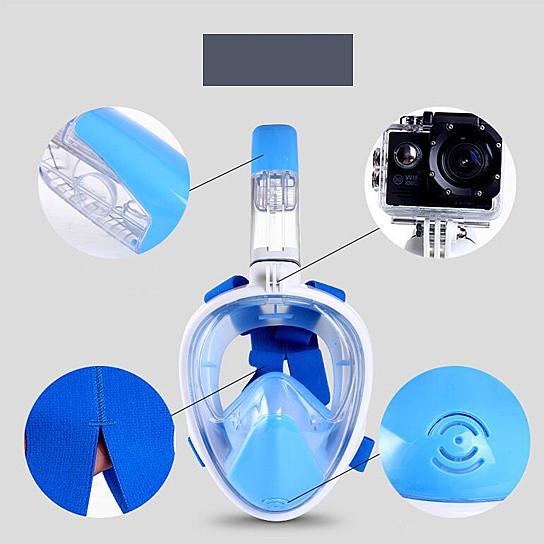 Blue and white diving mask with camera attachment on a gray background