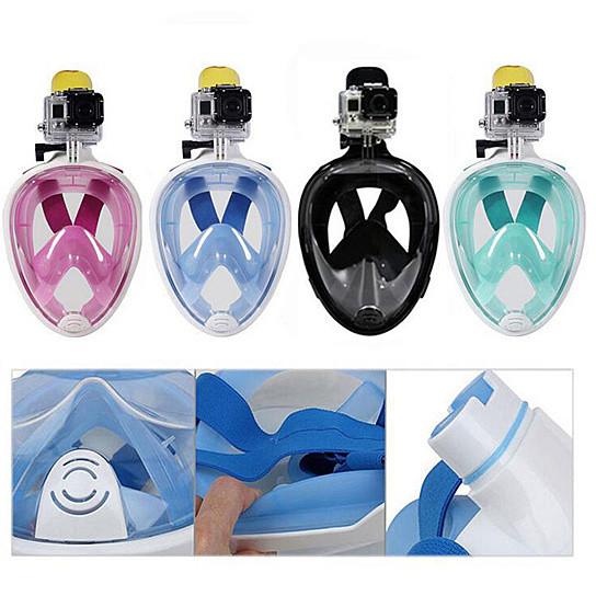 Four snorkeling masks in different colors with close-up insets on a white background.