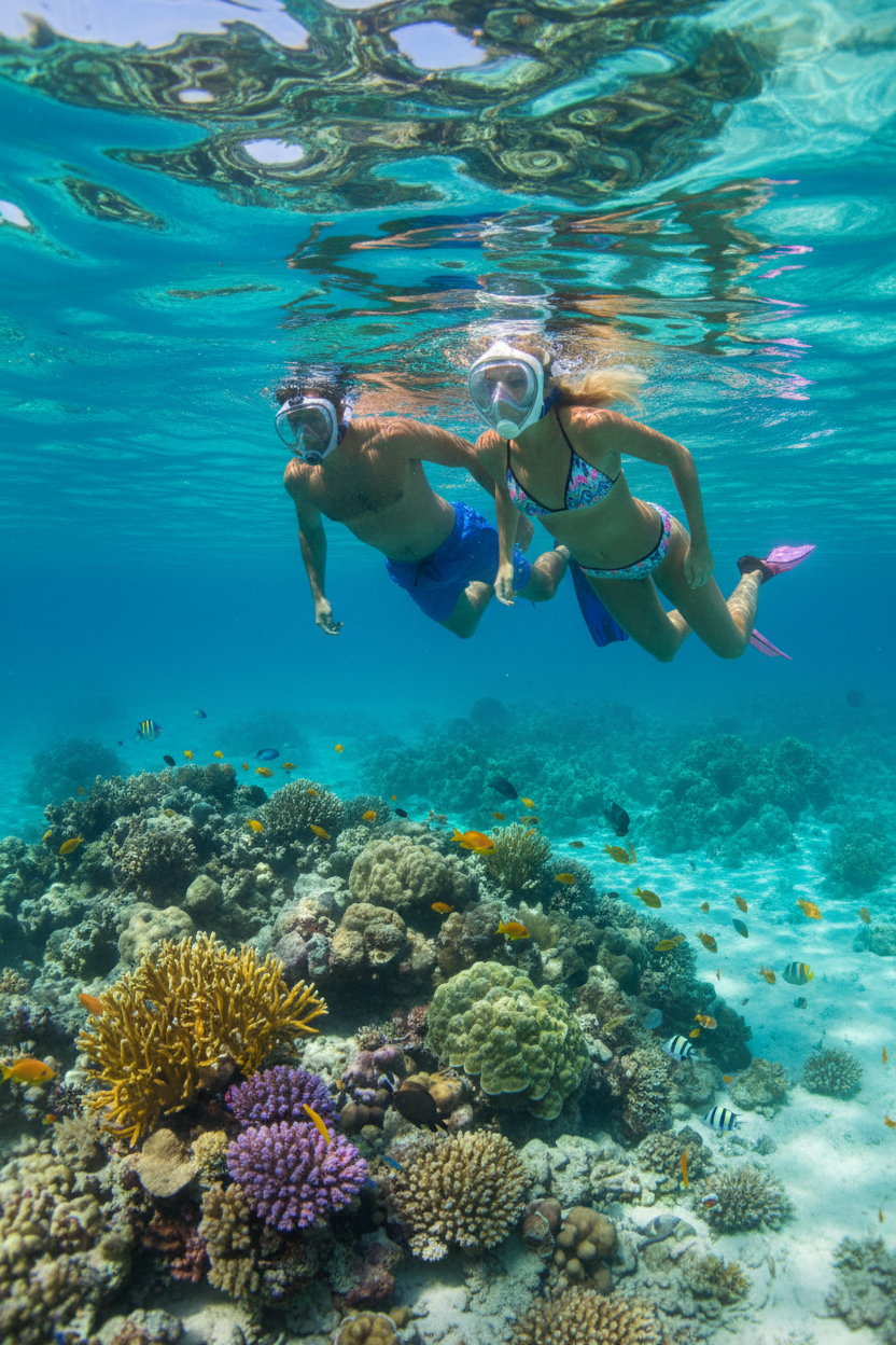 Person snorkeling underwater in clear blue water