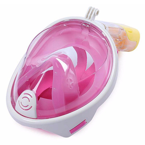 Pink and white snorkeling mask on a white background