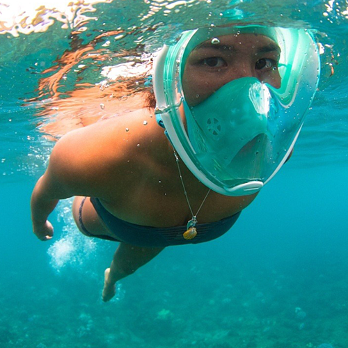 Person snorkeling underwater wearing a full-face mask