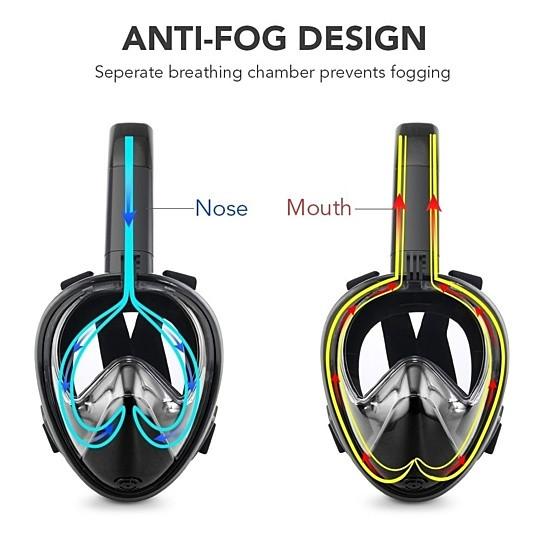 Snorkeling mask with anti-fog design labeled on a white background