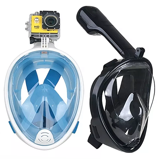 Two snorkeling masks, one blue and white, one black, with a camera attached to the blue and white mask on a white background.