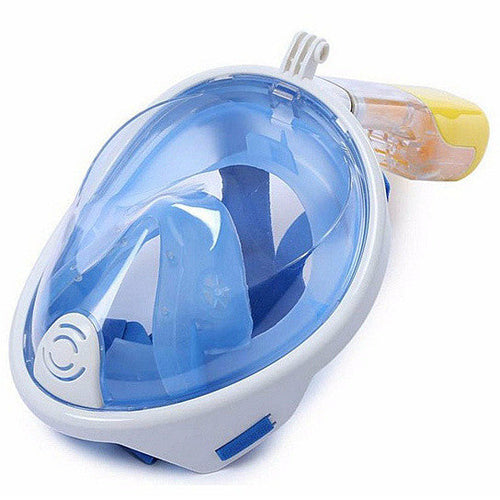 Snorkeling mask with blue faceplate and white frame on a white background