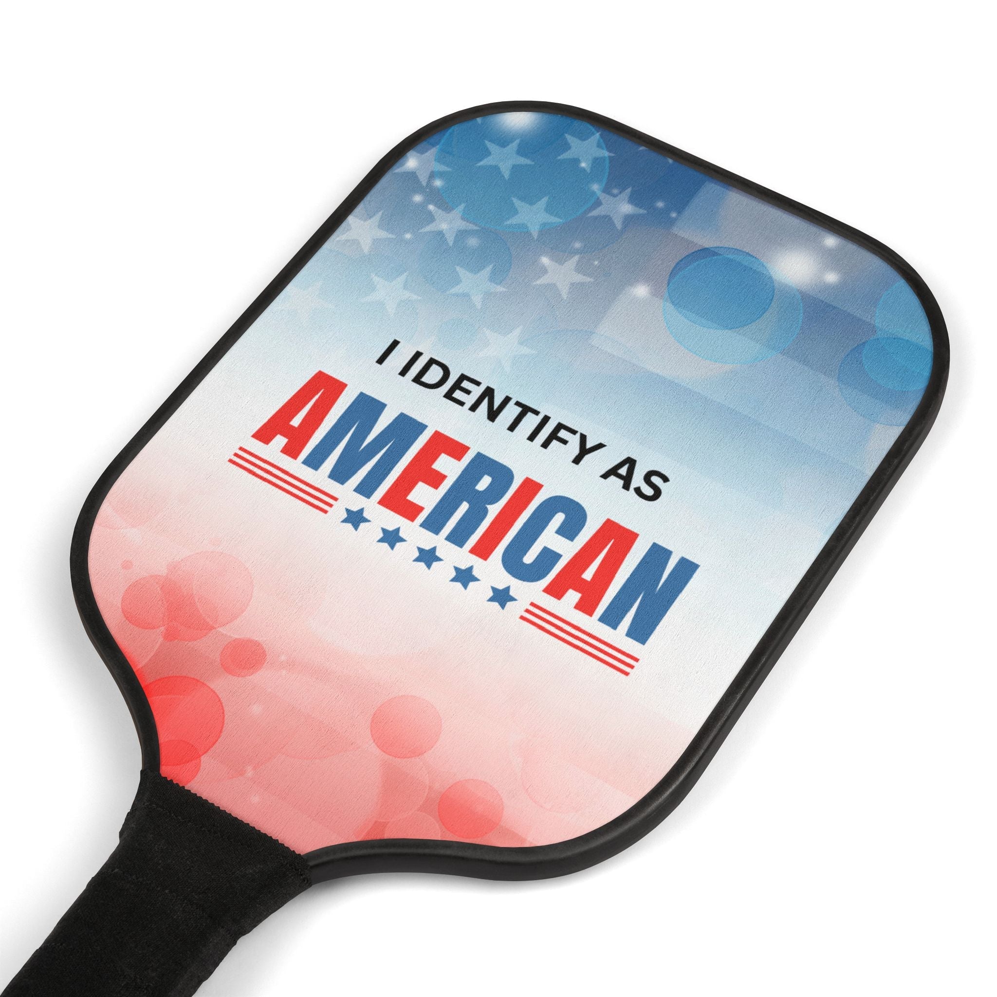 Paddle with 'I IDENTIFY AS AMERICAN' text and American flag design on a white background