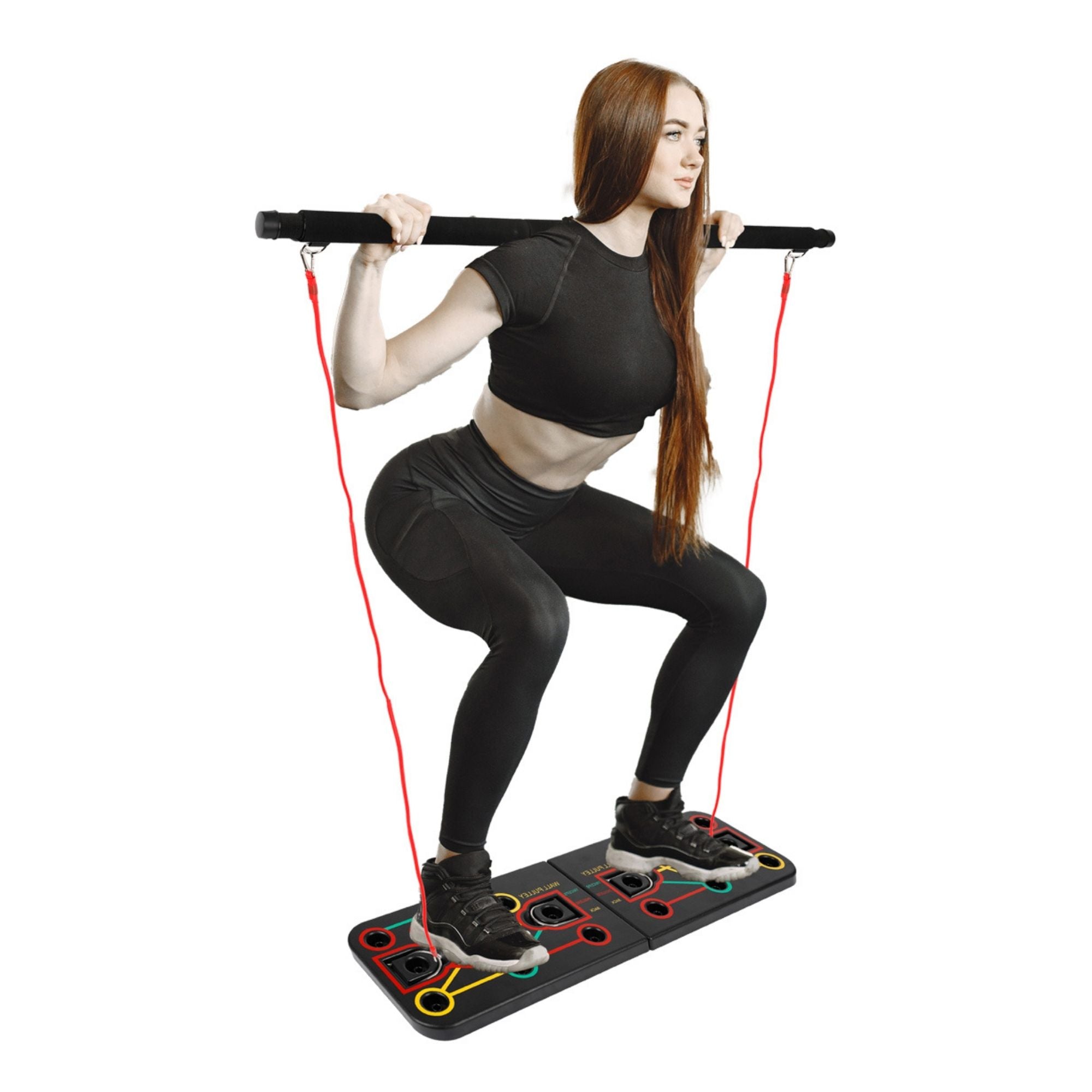 Woman using a fitness platform with resistance bands on a white background