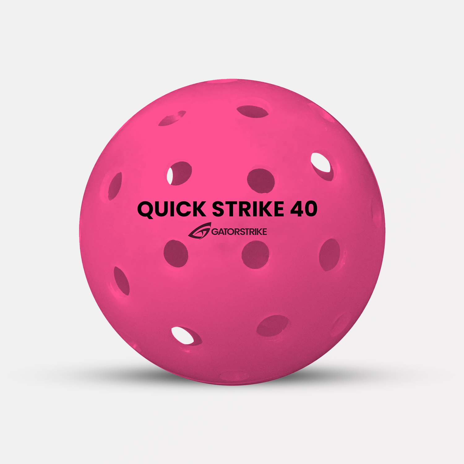Pink pickleball with 'Quick Strike 40' and 'GatorStrike' branding on a light gray background