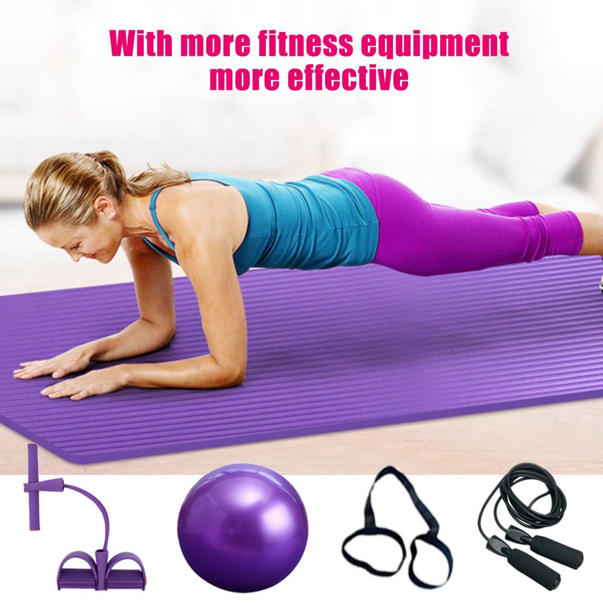 Woman on a purple exercise mat with fitness equipment including a ball, resistance bands, and a door anchor.