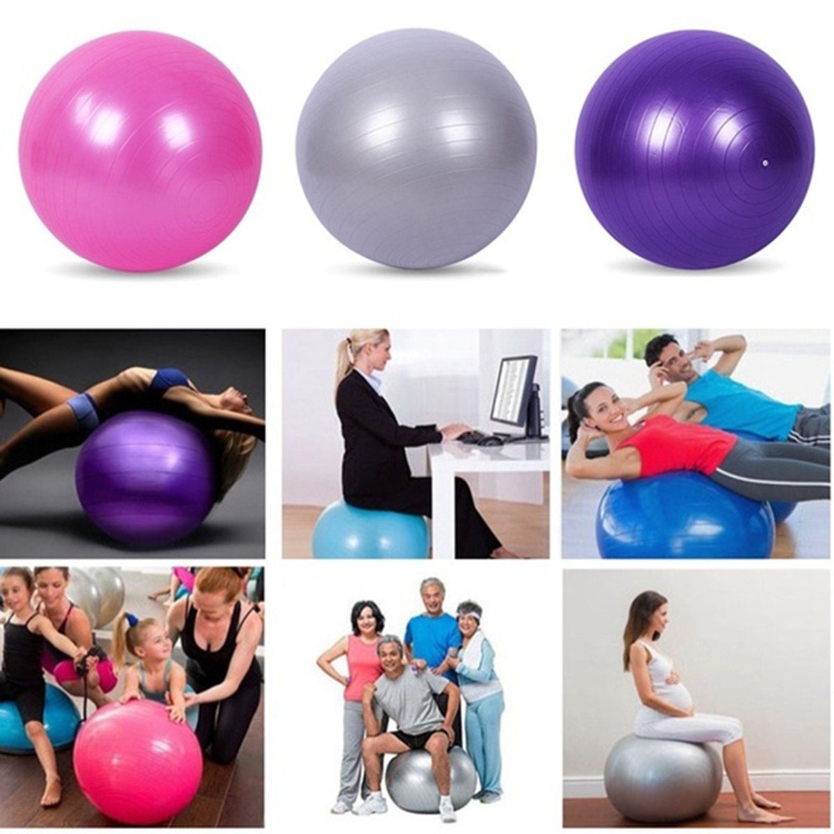 Collage of exercise balls in various colors with people using them in different settings.