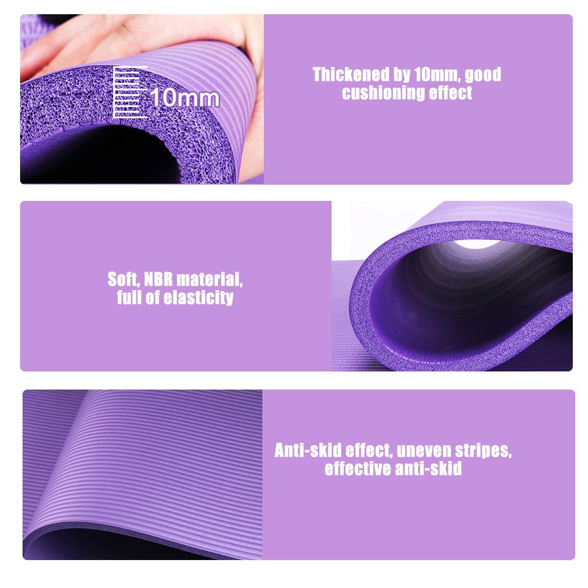 Purple yoga mat with text highlighting features like thickness, material, and anti-skid effect.