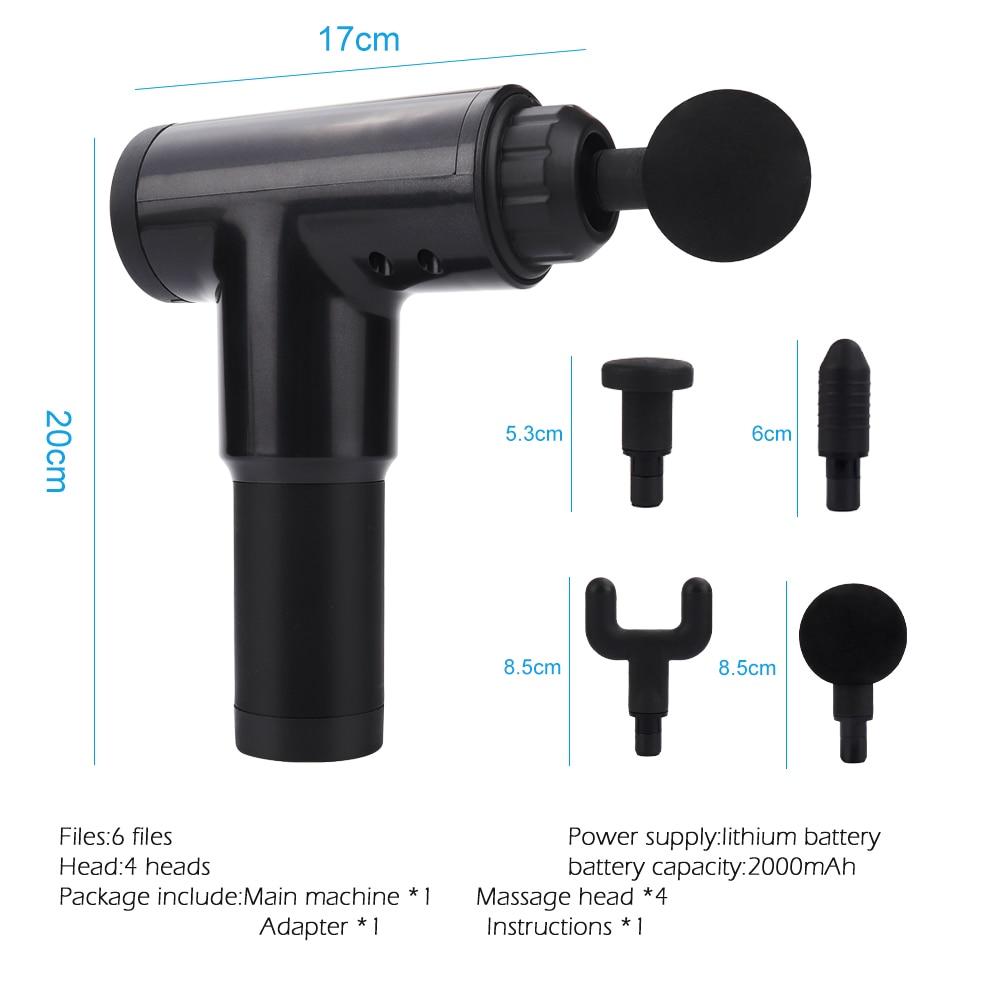 Black handheld massage device with interchangeable heads and measurements on a white background