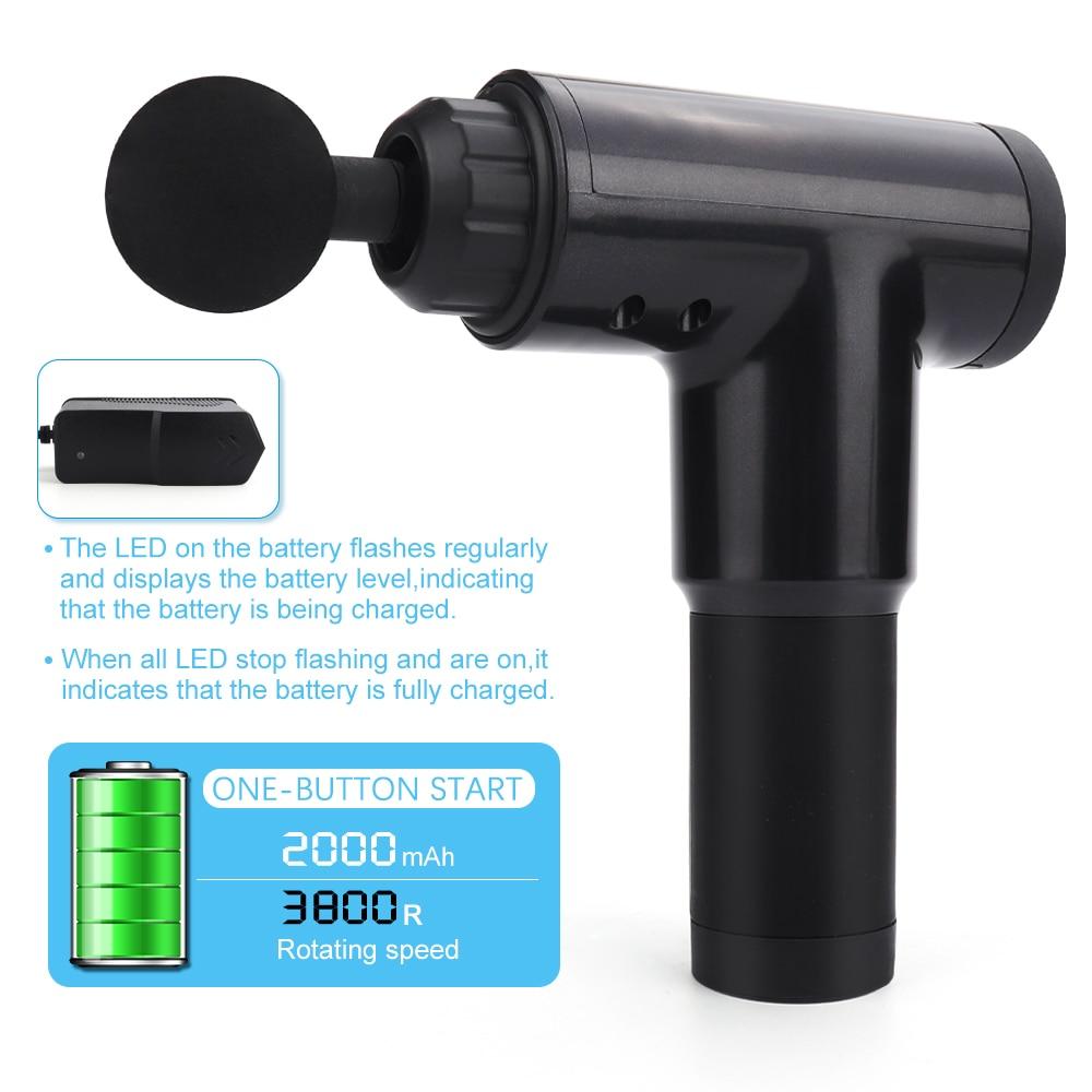 Black massage gun with charging indicator on a white background
