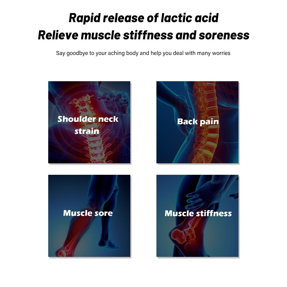 Advertisement for a product featuring images of a shoulder, neck, back, and muscle.