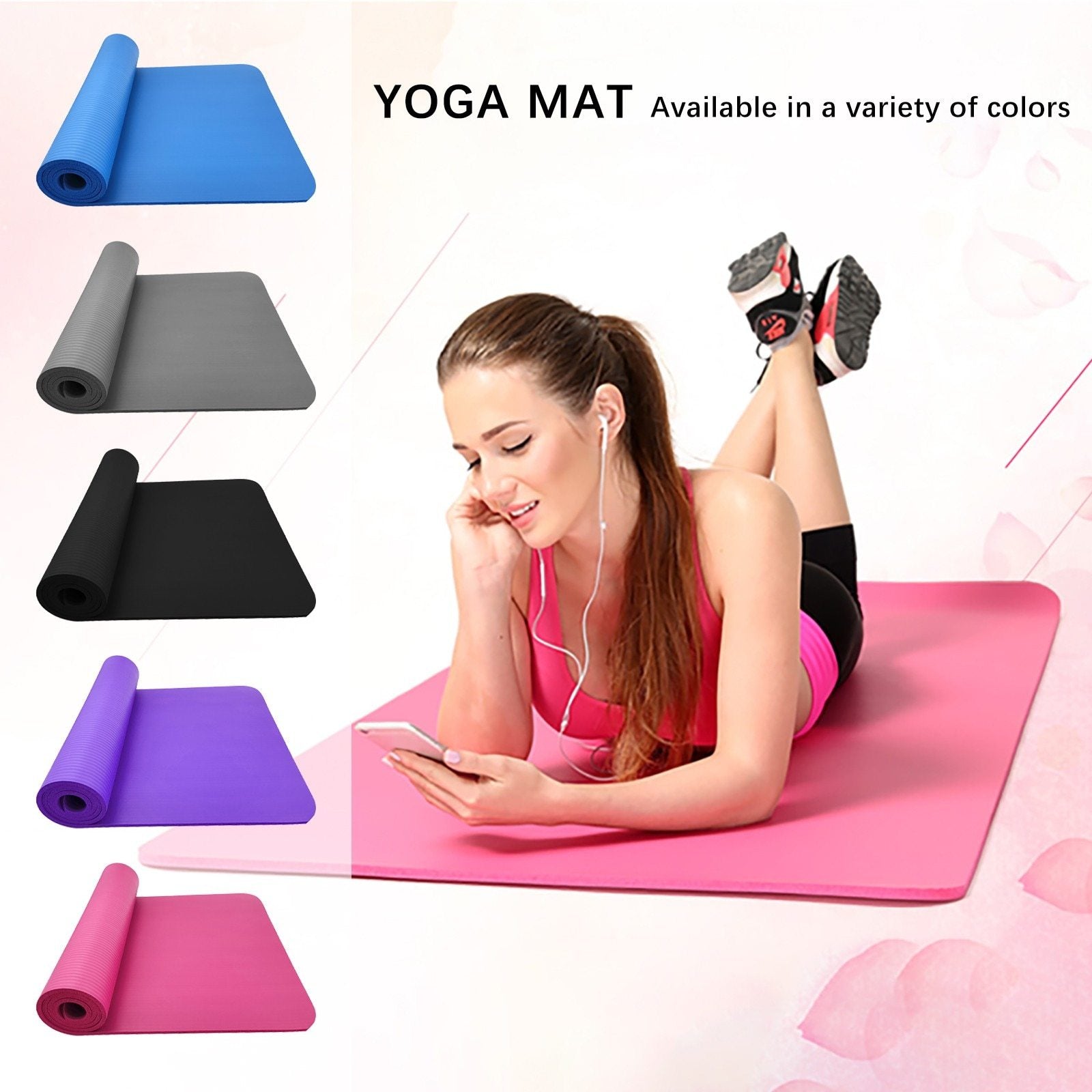 Woman using a phone on a pink yoga mat with yoga mats in various colors displayed.