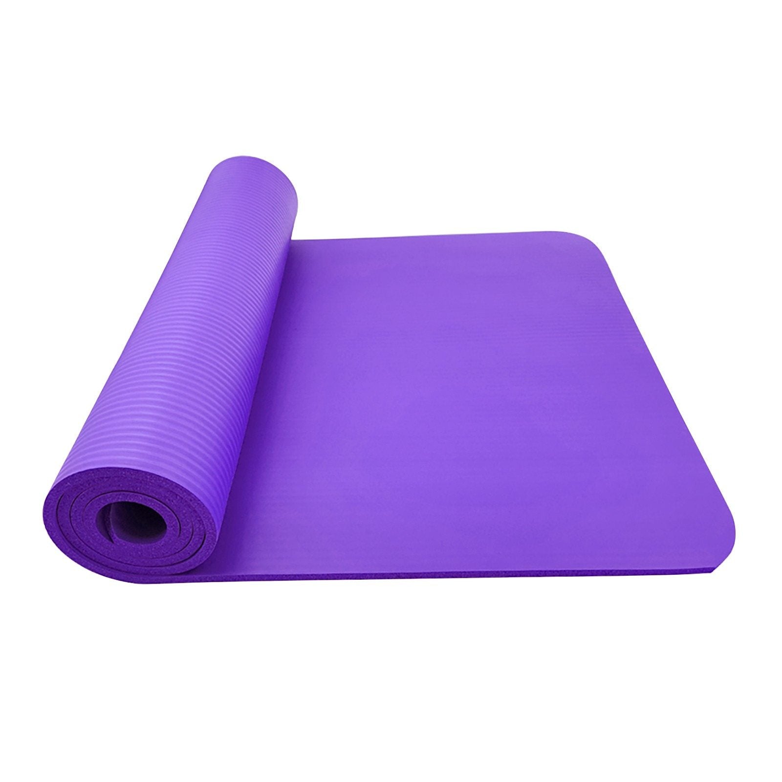 Purple yoga mat rolled up on a white background