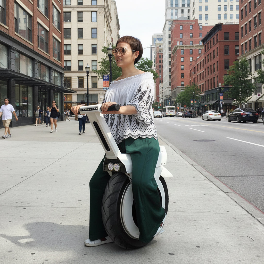 Person using a one-wheeled self-balancing scooter outdoors.