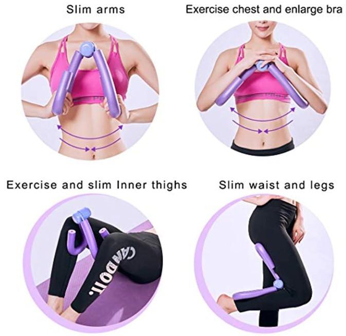Fitness tool used for various body parts with labeled benefits on a white background