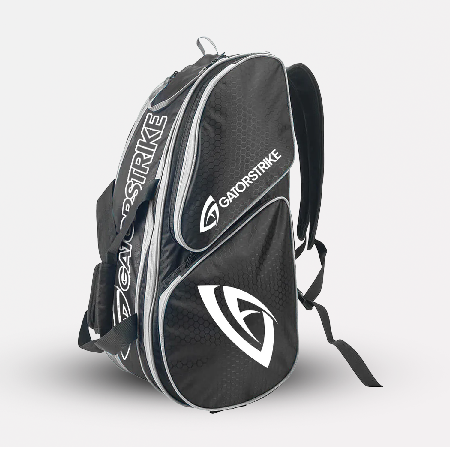 Black and gray backpack with 'GatorStrike' branding on a white background